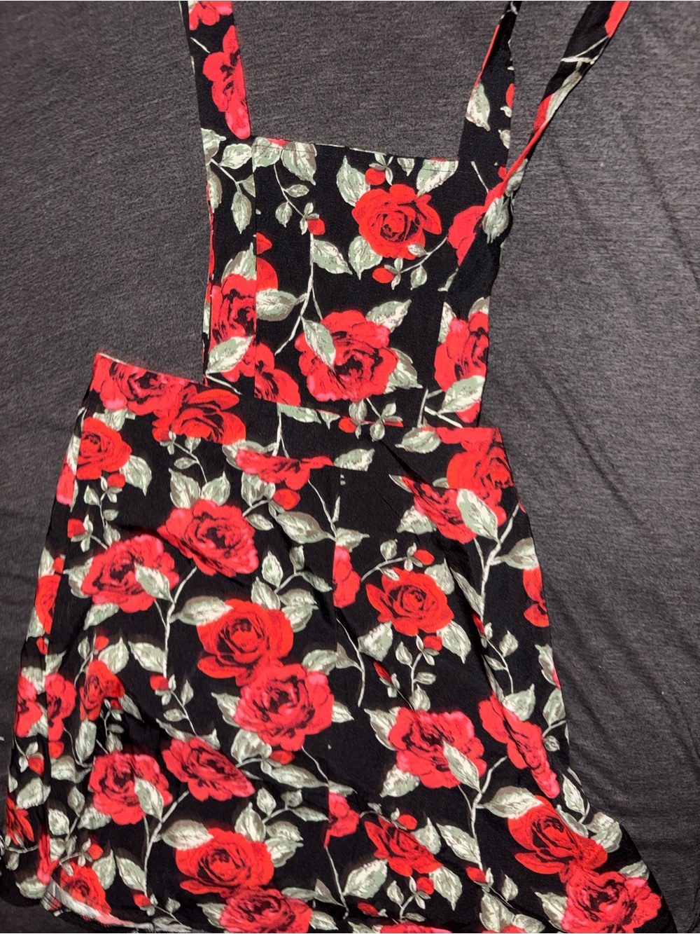 SHEIN Black Mini Pinafore Dress with Red Rose Print